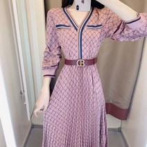 위위브렌 여성용 패션 신상품 브이넥 하이웨이스트 플리츠 원피스