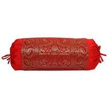 Stylo Culture Traditional Polydupion Cylindrical Tubular Bolster Pillow Cover Red Jacquard Brocade B, 76x38 cm, Red & Gold