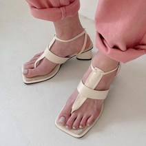 린넨 여성 쪼리 T스트랩 삼각굽 배색 푹신한 슬리퍼