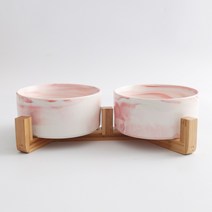 고양이 식기 식탁 강아지 밥그릇(더블) 대나무받침대, 대리석볼(핑크)+더블