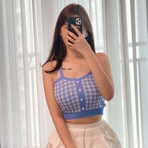 스키니어 하트 버튼 반크롭 체크 끈나시 sz88241