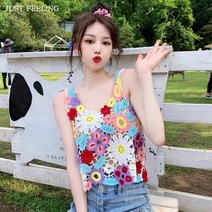 JUST FEEL!NG 여성 손뜨개 코바늘 플라워 핀칭 숏 끈나시 루즈핏 예쁜디자인 니트 조끼