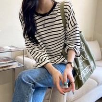 데일리앤 줄무늬 여성 긴팔 스트라이프 라운드 티셔츠 플리