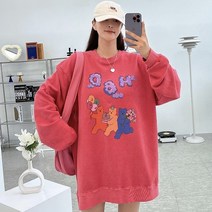 커플시밀러룩 피그먼트 워싱 구름곰 캐릭터 프린팅 남녀공용 오버핏 맨투맨