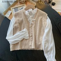 JUSTFEELING 가을신상 여성 스웨터 가디건 베스트 니트 빈티지 조끼 레이어드 데일리룩 빅사이즈