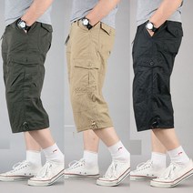 남자 루즈핏 카고 반바지 얇은 면 7부 빅사이즈 바지 M-5XL 멀티 포켓 남친 데일리 코디 작업복 휴가 중년