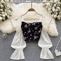 블라우스쇼핑몰 봄블라우스 SINGREINY 꽃 프린트 블라우스 여성 코트 패치 워크 플레어 슬리브 탄성 허리 봄 프랑스 스타일 여성용 등이없는 짧은 탑