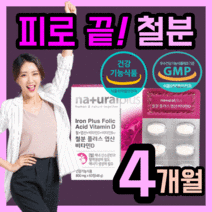 가성비 네추럴 플러스 철 분 엽산 비타민D 식 약 처 인증 영양 보충 제 고함량 뼈 건강 면역 피로 피곤 철 비 헴철 유아 어린이 키즈 임산부 리얼 포우먼 성인 직장인 주부 학생, 120정(4개월)