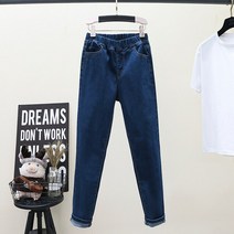 캐주얼 하이 웨스트 데님 연필 바지 여성용 탄성 허리 밴드 블루 블랙 플러스 사이즈 S ~ 5XL 2019 가을