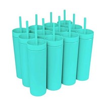 STRATA CUPS Periwinkle 뚜껑과 빨대가 있는 스키니 텀블러 (12팩) 473 2ml(16온스) 이중벽 아크릴 톨 매트 무료 빨대 클리너가 벌크 재사용 가능한 컵 미, 아쿠아