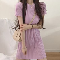 봄원피스 세련된 여름 부드러운 라운드 넥 핏 스트립 슬림 아이스 실크 얇은 반팔 니트 드레스 여성 슬림