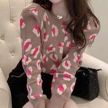 라운드넥 니트 가디건 분홍색 레오파드 무늬 간절기
