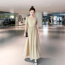 쉬폰 허리 스트링 롱원피스 원피스 봄 사각넥 꽃잎 소매 조임 날씬해 보이는 프렌치 빈티지