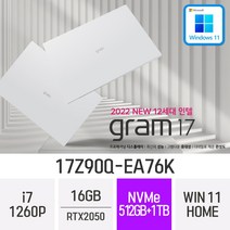 LG전자 2022 그램17(12세대) 17Z90Q-EA76K 17인치 고사양 고사양 게임용 그래픽작업용 가벼운 고성능 대학생 추천 노트북, Win 11 Home, 16GB, 512GB+1TB