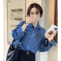 봄 학생 여성 슬림핏 샴브레이 수영 청블라우스 코튼 데님 셔츠 청남방 수영