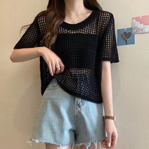 마쿠쿠 와이드 라운드넥 루즈핏 그물 펀칭 반팔 니트