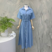 [행복여] 그레잇 스티치 플랩 포켓 셔츠 플레어 데님 청 원피스
