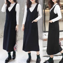 여름 여성 롱멜빵원피스 브이넥 레이어링 포켓 면 셔링 A라인 포켓 루즈핏 데일리 조끼원피스S~4XL B88