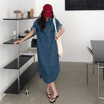청데님원피스브이넥원피스멜빵데님 캐주얼 루즈핏 스트레이트 데님 드레스 여성용 라펠 반팔 여름 진 패션 빅 포켓 카우보이 스타일