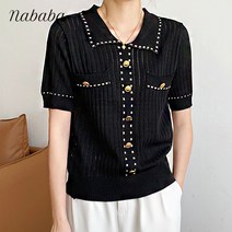 나바바 NK1274 여성 빈티지 버튼 골지 카라 반팔 니트티