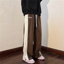커플룩 ins 바둑판 체크 배색 트임 팬츠 남녀 와이드 스트레이트 트레이닝 바지 러쉬 선물
