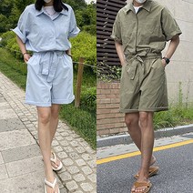 남녀공용 커플 여름 스트릿 밴딩 코튼 반팔 반바지 점프 수트 4color