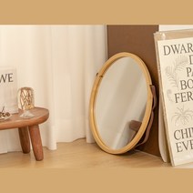 벽걸이거울 욕실거울 대나무 원목 원형 가죽 스트랩으로 빈티함 업, 우드