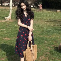 체리패턴 브이넥 허리끈 여성원피스