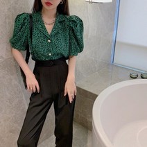 퍼프소매블라우스 셔링 프릴 벌룬여성용 홍콩 스타일 레트로 반팔 블라우스 레오파드 프린트 퍼프 슬리브