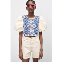 ZARA 자라 여름여성 코바늘 배색 벌룬소매 포플린 셔츠 펀칭상의79010157901/015