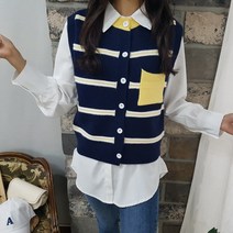 상상그이상 여성용 엠보줄 조끼 가디건 부드러운 필수 블라우스 코디세트 단정한 라운드넥 스트라이프 패턴 배색 포켓 사이즈 좋은 편하게 입을 수 있는 가성비 오픈형 니트조끼 세트