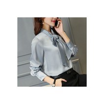 리본 블라우스 타이 스카프 남성 봄 빅사이즈 캐주얼 쉬폰 브이넥 셔츠 퍼프소매