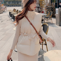 여성 경량 패딩 조끼 오리털 스트링 벨트 여자 하이넥 얇은 누빔 덕다운 베스트