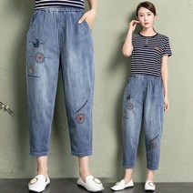 Tagi. 캐주얼 스판 긴바지 데님팬츠 자수 배기팬츠 9부 루즈핏 청바지