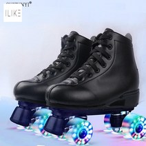 심플 롤러스케이트 4륜 스피드 공용 어린이 성인 LED라이트, 블랙 가죽+플래시 휠