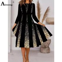 동탄미시룩 빅사이즈원피스 2xl xxl 여자 우아한 패션 중순 송아지 드레스 긴 소매 패치 워크 도트 인쇄 파