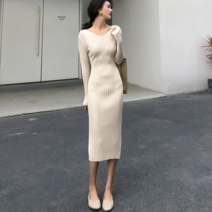 NewCare 여성 니트 롱원피스 브이넥 슬림핏 오피스룩