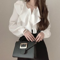 여성 럭셔리 화이트 블랙 프릴블라우스