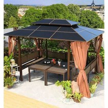 야외 간이 정자 천막 캐노피 정원 공원 테라스 그늘막, 3x4m 푸 파빌리온+좌석3+테이블2+거즈커튼