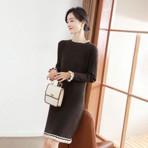 슬림핏 골지 프릴 긴팔 울 니트 롱 원피스 라인 배색 결혼식 하객 며느리룩 블랙 민트