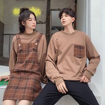 브라운 라운드넥 맨투맨 체크무늬 오버롤 멜빵 치마 커플룩 시밀러룩 제주도 남자 긴팔