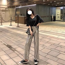 JINYOUQIAN 스팽글 팬츠 여자 와이드팬츠 여름 실버 여자슬랙스 발광 팬츠 Q-279