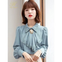 코발트 블루 셔츠 파란색 블라우스 남방 난방 H Han Queen봄 기본 빈티지 작업 캐주얼 탑스 쉬폰 디자인 루즈한 상품