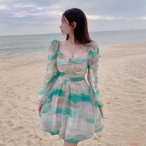 보라색 꽃 무늬 드레스 여성의 봄 기질 허리 부풀린 티 브레이크 드레스