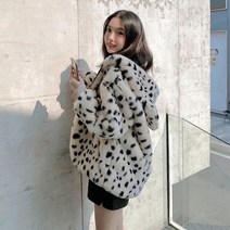 모피코트 겨울용 인조 모피 후드 코트 스타일 귀여운 레오파드 프린트 곰 귀 모자 재킷 캐주얼 루즈한 플러시 오버 여성용