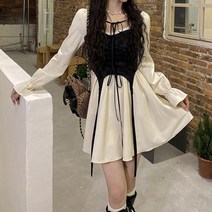 롱원피스 빈티지 패치 워크 귀여운 파티 드레스 여성용 캐주얼 레이스 업 보우 긴 소매 클럽 미니 드레스 봄 가을