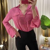 금장단추 포켓 쉬폰 블라우스