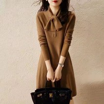 쩐쿠 브이넥 울 니트 원피스 봄 롱 리본 니트원피스 S2469