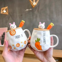 앙증맞은 토끼돼지뚜껑 티스푼 세라믹 머그잔세트 400mL, 토끼 D