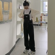 데님 멜빵 슬랙스 하이웨이스트 통바지 코디 점프수트 데님오버롤 캐주얼 점프슈트 면와이드팬츠